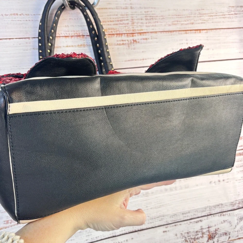 Betsey Johnson Black White Striped Satchel Red Sequin Bow Handbag Studded Handle